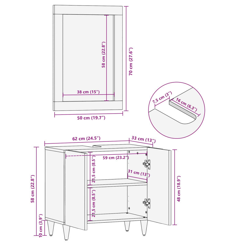 Zestaw Szafek Łazienkowych z drzwiami 2 pcs Drewno z mango