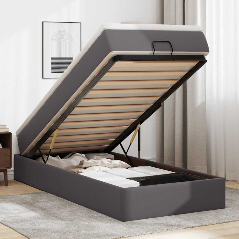 Rama łóżka otomana z materacem, szara, 100x200 cm, ekoskóra