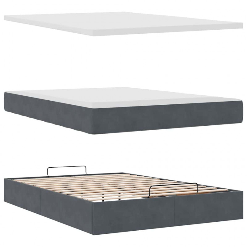 Rama łóżka otomana z materacem, szara, 140x190 cm, aksamit