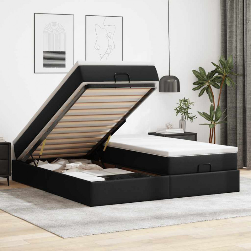 Rama łóżka otomana z materacami, czarna, 200x200 cm, ekoskóra