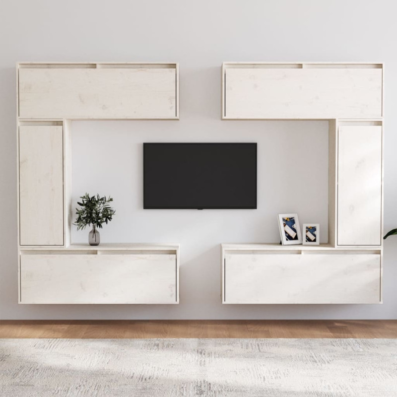 Szafki pod TV, 6 szt., białe, lite drewno sosnowe