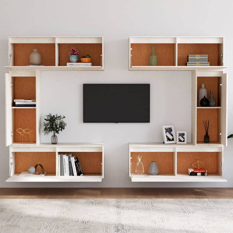 Szafki pod TV, 6 szt., białe, lite drewno sosnowe