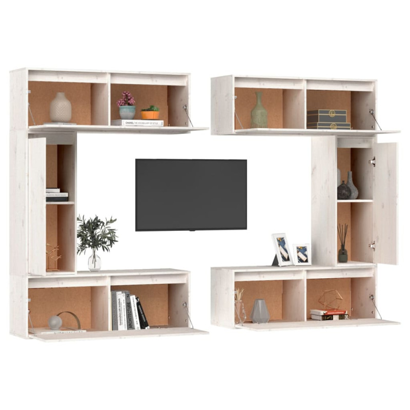 Szafki pod TV, 6 szt., białe, lite drewno sosnowe