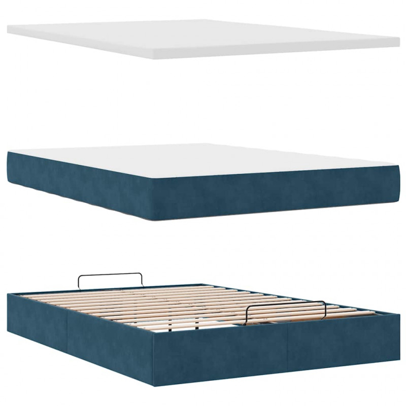 Rama łóżka otomana z materacem, niebieska, 140x190cm, aksamit