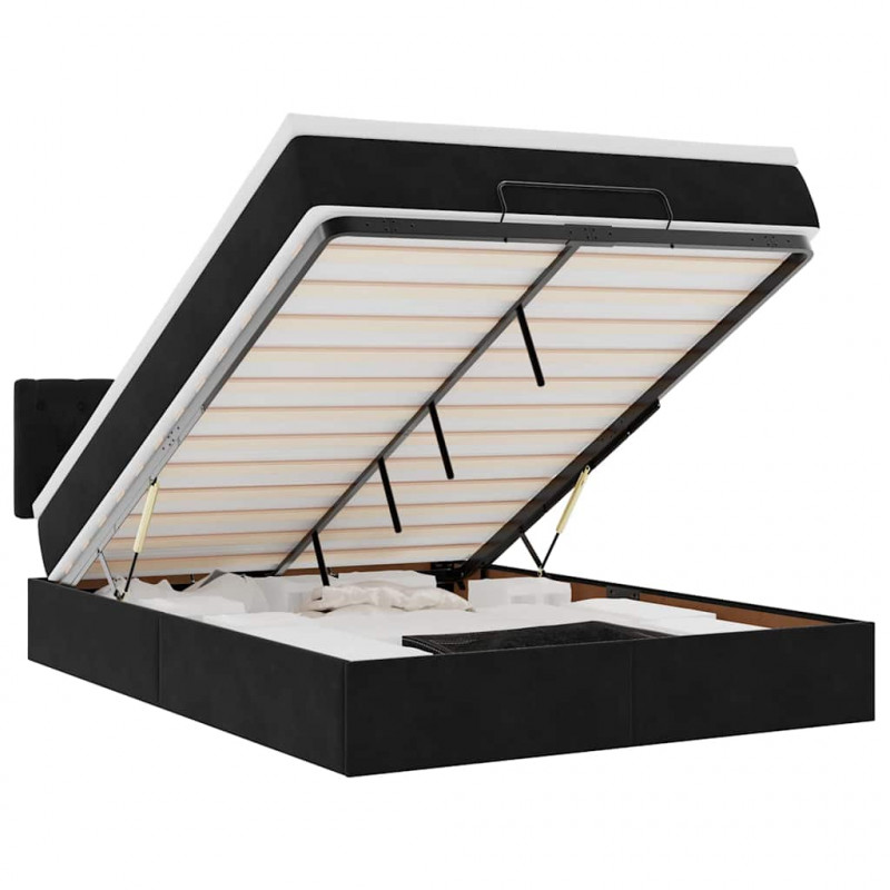 Rama łóżka otomana z materacem, czarna, 140x200 cm, aksamit