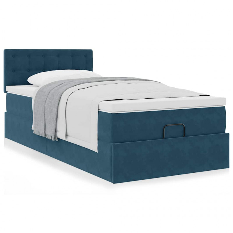 Rama łóżka otomana z materacem, niebieska, 90x190 cm, aksamit