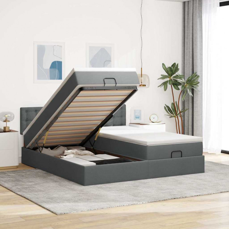Rama łóżka otomana z materacami, szara, 180x200 cm, tkanina