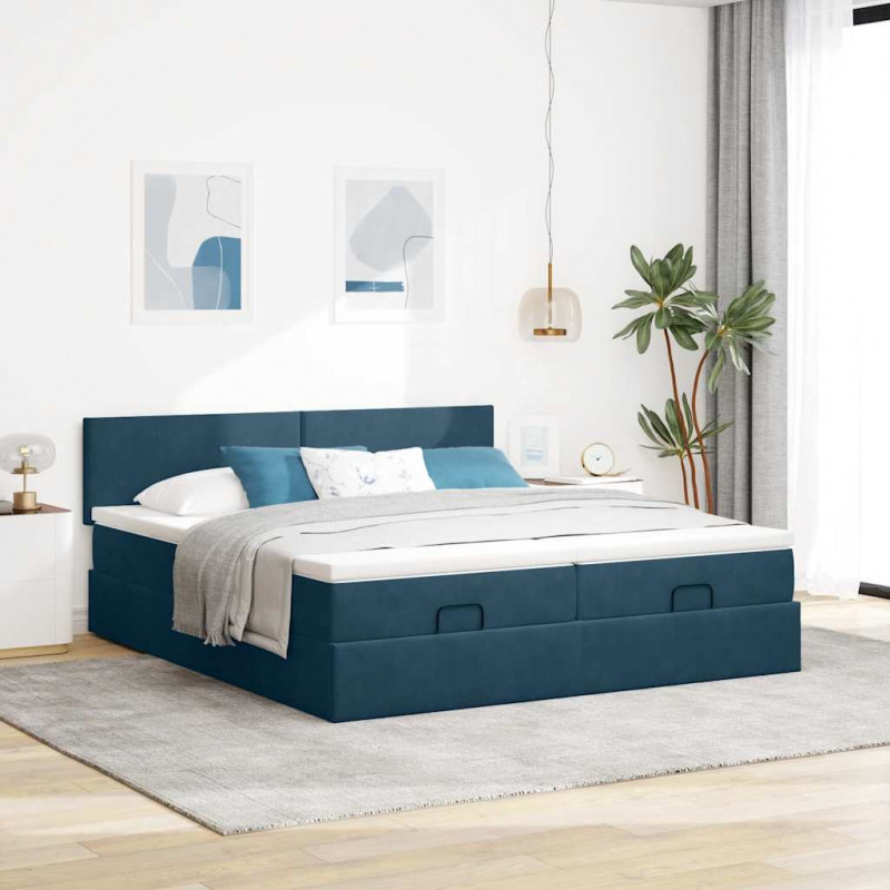 Rama łóżka otomana z materacami, niebieska, 200x200 cm, aksamit