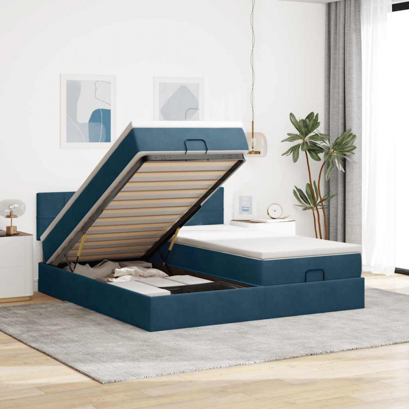Rama łóżka otomana z materacami, niebieska, 160x200 cm, aksamit
