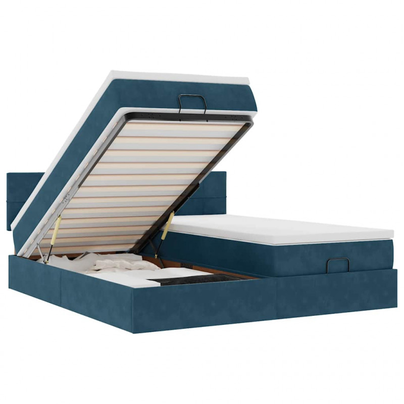 Rama łóżka otomana z materacami, niebieska, 160x200 cm, aksamit