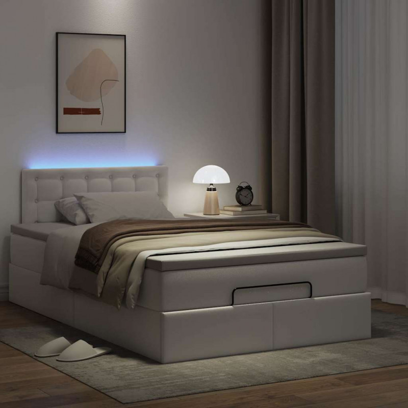 Łóżko otomana z materacami i LED, biała, 120x190cm, ekoskóra