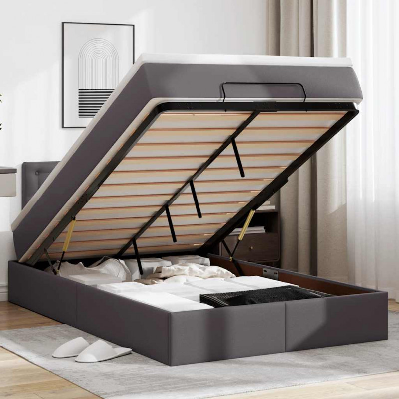Łóżko otomana z materacami i LED, szara, 120x190cm, ekoskóra