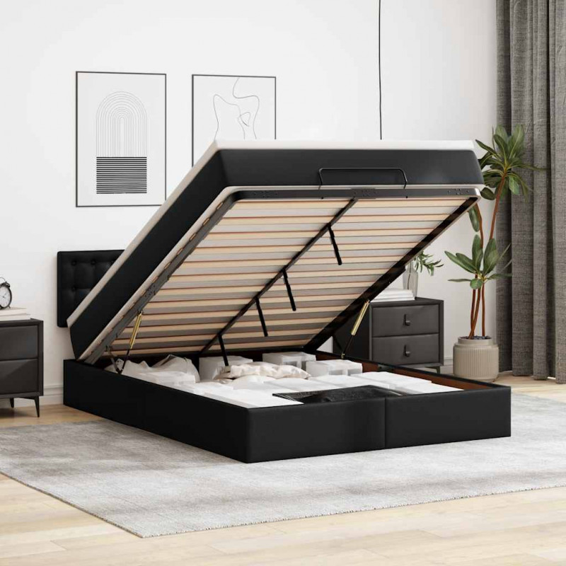 Łóżko otomana z materacami i LED, czarna, 140x190cm, ekoskóra