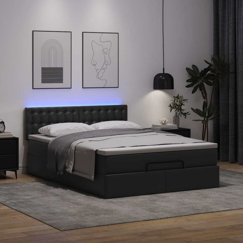 Łóżko otomana z materacami i LED, czarna, 140x190cm, ekoskóra