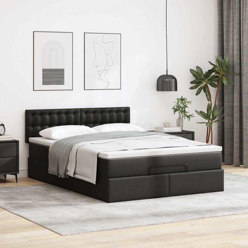 Łóżko otomana z materacami i LED, czarna, 140x190cm, ekoskóra