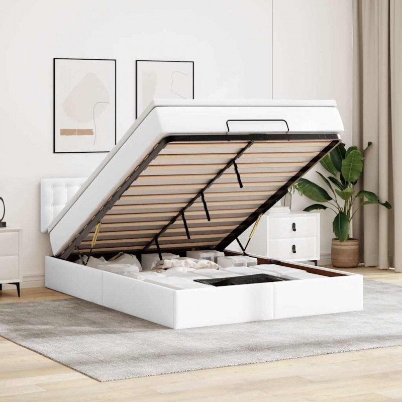 Łóżko otomana z materacami i LED, biała, 140x190cm, ekoskóra