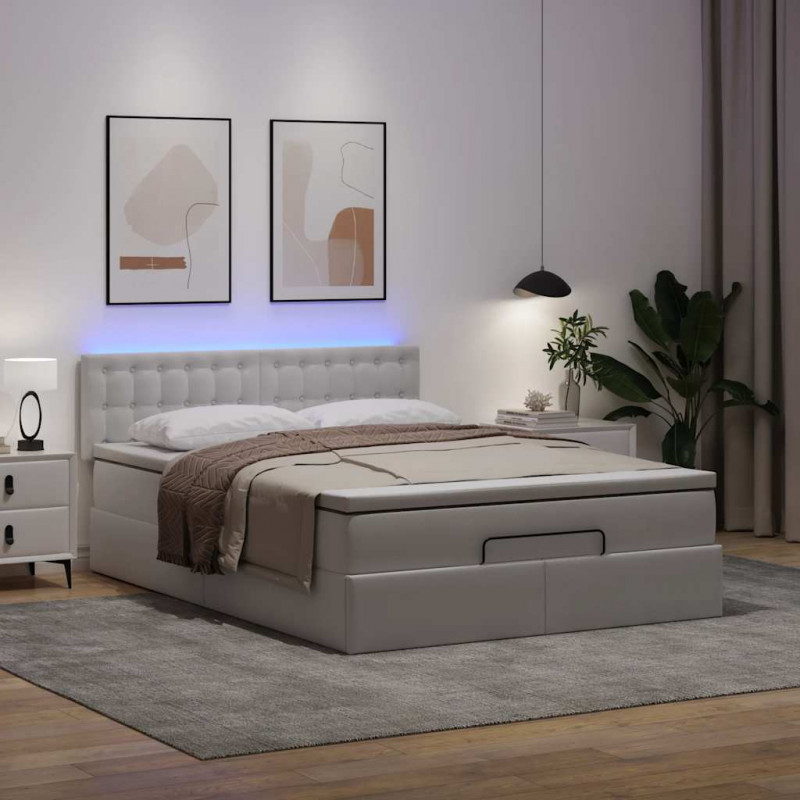 Łóżko otomana z materacami i LED, biała, 140x190cm, ekoskóra