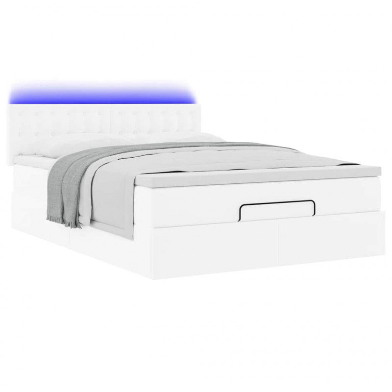 Łóżko otomana z materacami i LED, biała, 140x190cm, ekoskóra