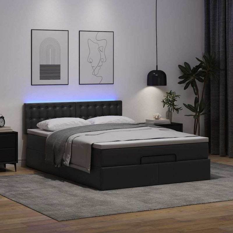 Łóżko otomana z materacami i LED, czarna, 140x200cm, ekoskóra