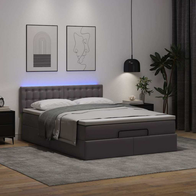 Łóżko otomana z materacami i LED, szara, 140x200cm, ekoskóra