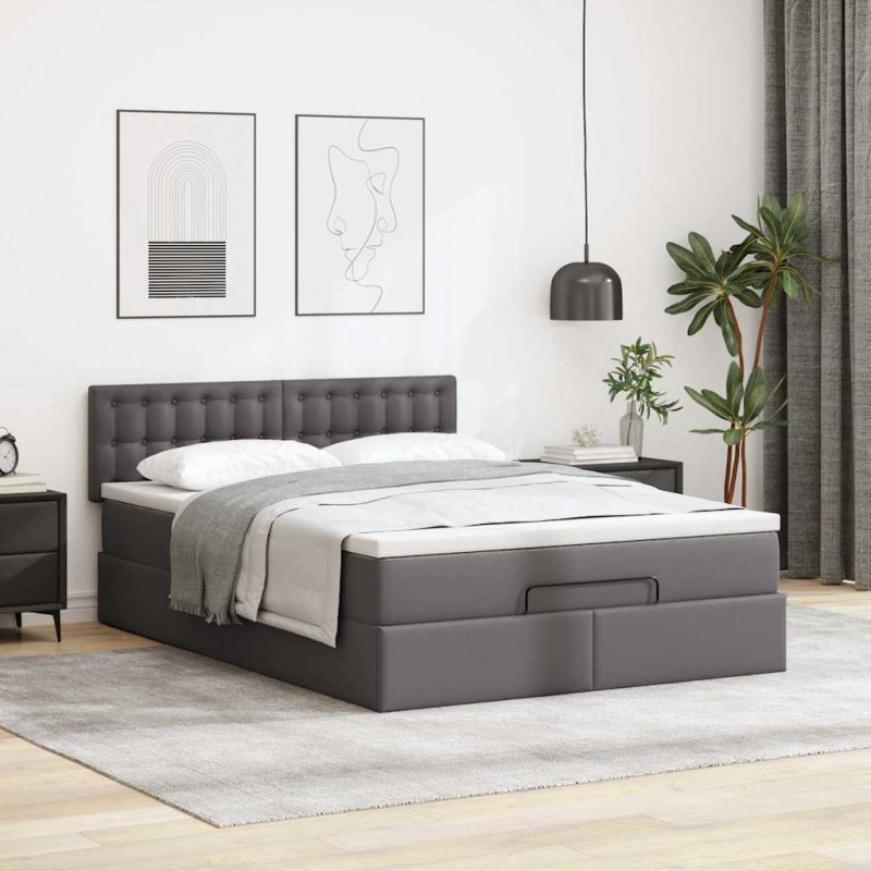 Łóżko otomana z materacami i LED, szara, 140x200cm, ekoskóra