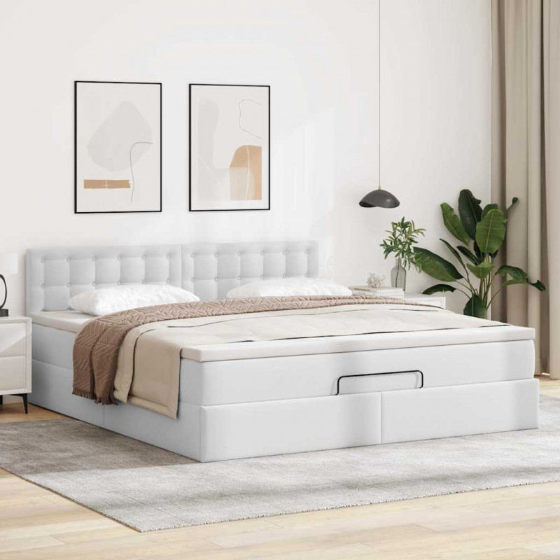 Łóżko otomana z materacami i LED, biała, 160x200cm, ekoskóra