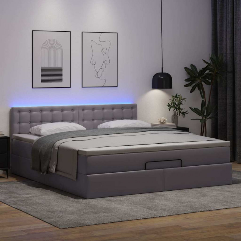 Łóżko otomana z materacami i LED, szara, 160x200cm, ekoskóra