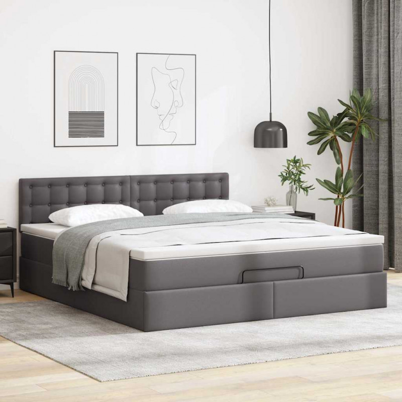 Łóżko otomana z materacami i LED, szara, 160x200cm, ekoskóra