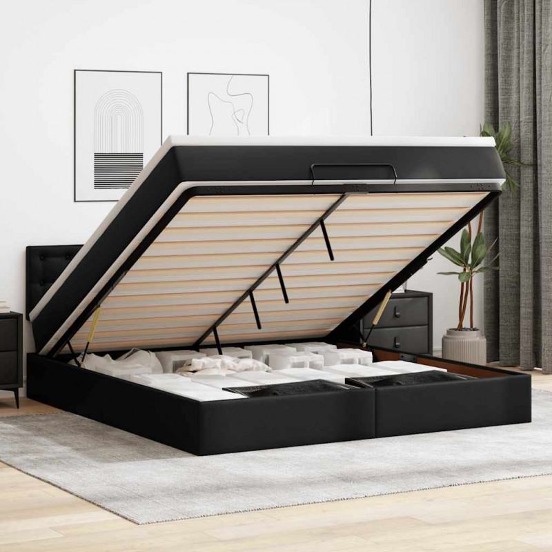 Łóżko otomana z materacami i LED, czarna, 180x200cm, ekoskóra