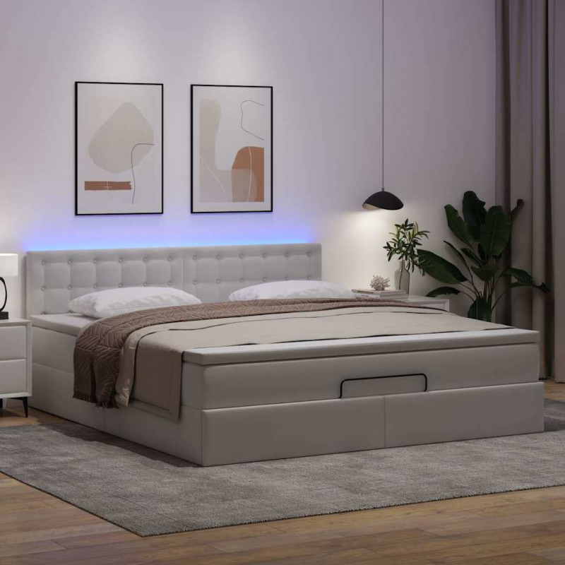 Łóżko otomana z materacami i LED, biała, 180x200cm, ekoskóra