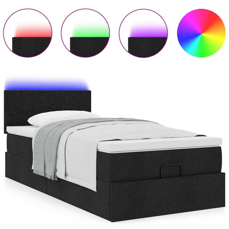 Łóżko Ottoman z materacem i LED, czarny, 80x200cm, tkanina