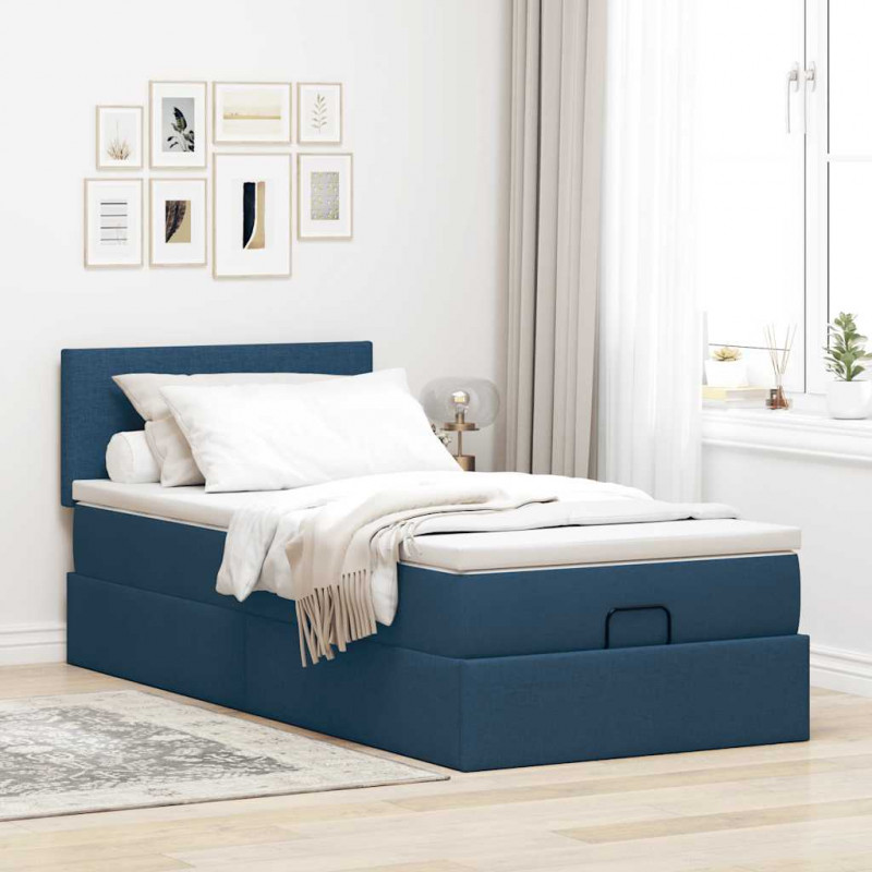 Otomana Łóżko z Materacem i LED Niebieski 90x200 cm Tkanina