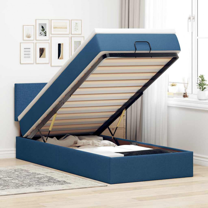 Otomana Łóżko z Materacem i LED Niebieski 100x200 cm Tkanina