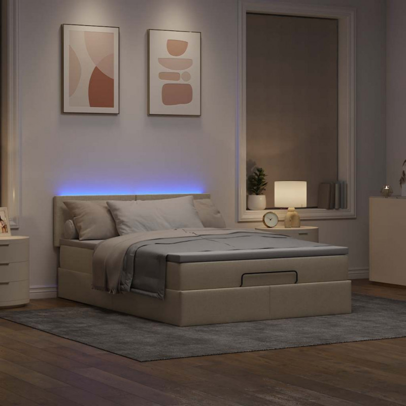 Łóżko Ottoman z materacem i diodami LED kremowe 140x190 cm