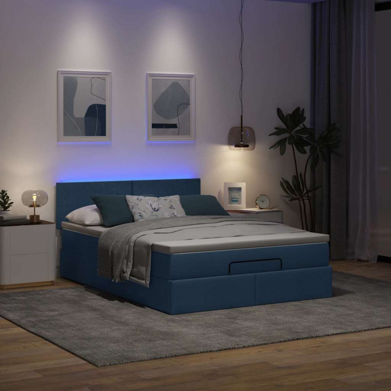 Łóżko Ottoman z materacem i diodami LED Niebieski 140x190 cm