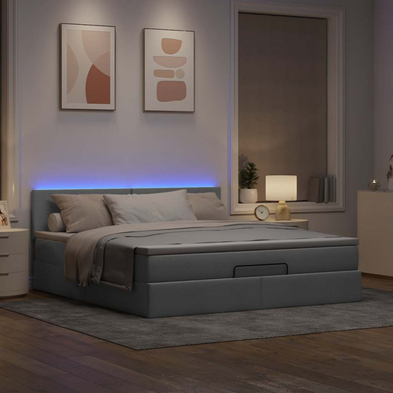 Łóżko Ottoman z materacem i LED, jasnoszary, 180x200cm, tkanina