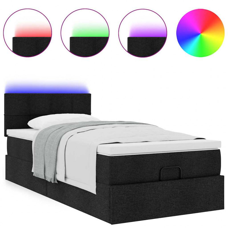 Łóżko Ottoman z materacem i LED, czarny, 80x200cm, tkanina
