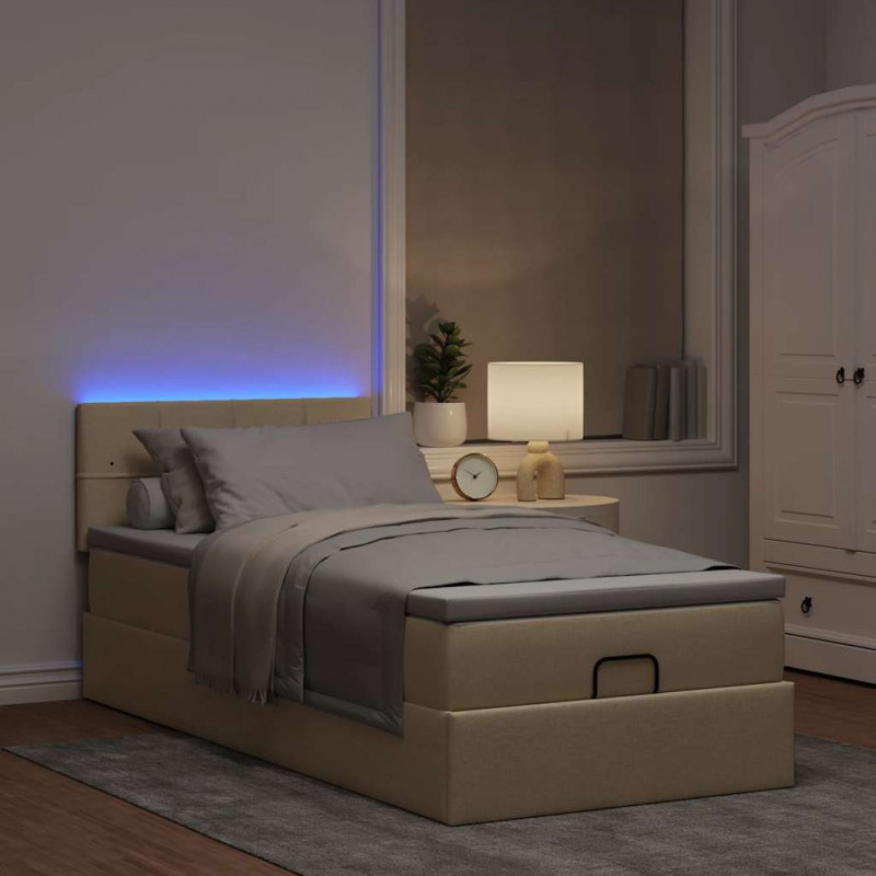Otomana Łóżko z Materacem i LED, kremowy, 90x200 cm, tkanina