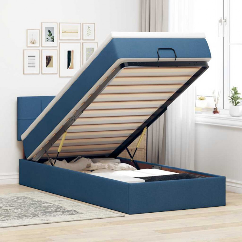Otomana Łóżko z Materacem i LED Niebieski 100x200 cm Tkanina
