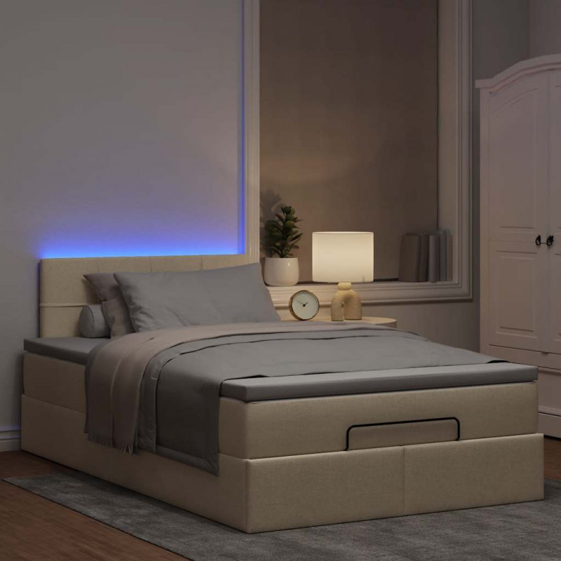 Łóżko otomana z materacem i LED, kremowy, 120x190cm, tkanina
