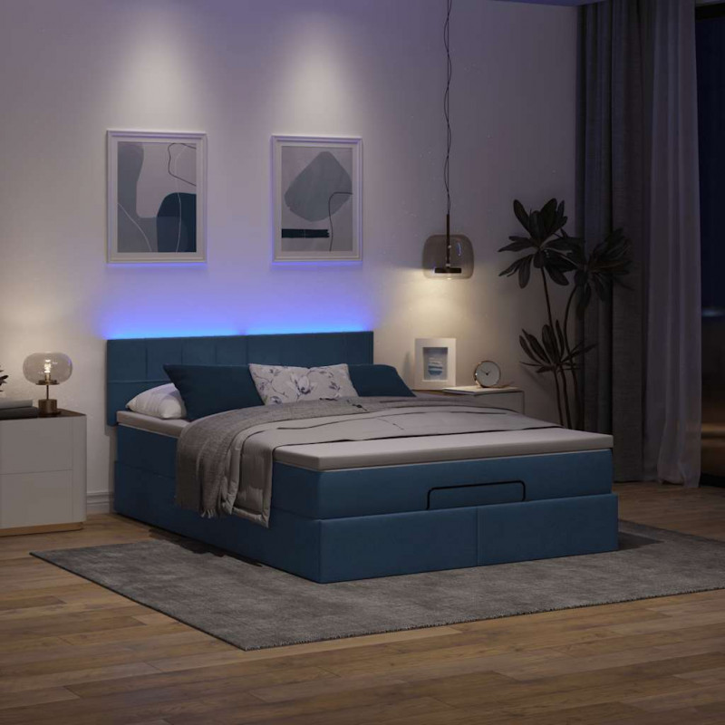Łóżko Ottoman z materacem i diodami LED Niebieski 140x190 cm