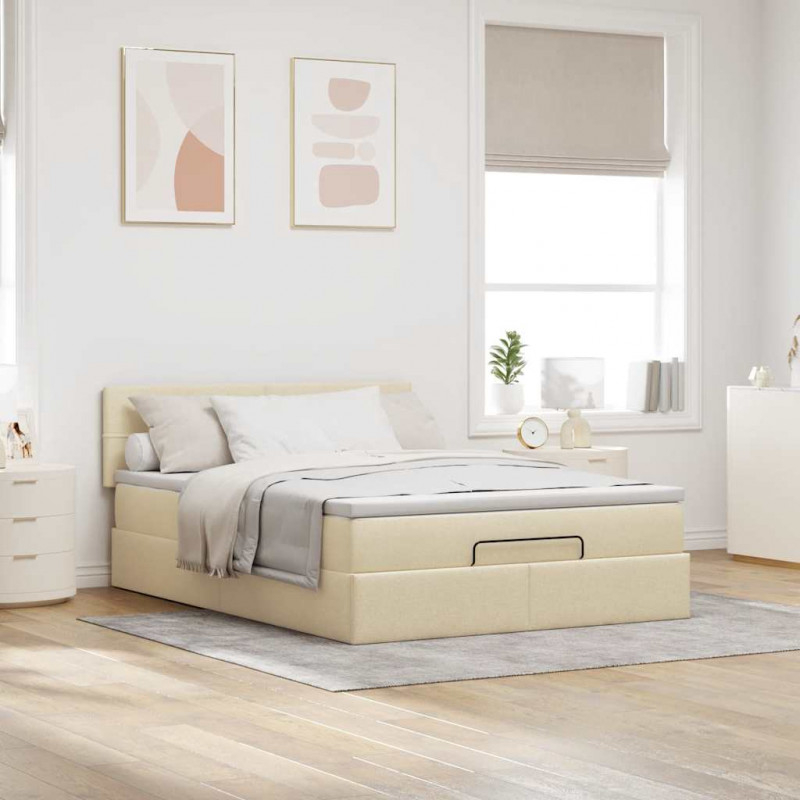 Otomana Łóżko z Materacem i LED Kremowy 140x200 cm Tkanina