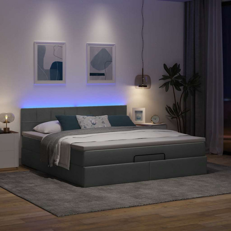 Łóżko Ottoman z materacem i LED, ciemnoszary, 180x200cm tkanina