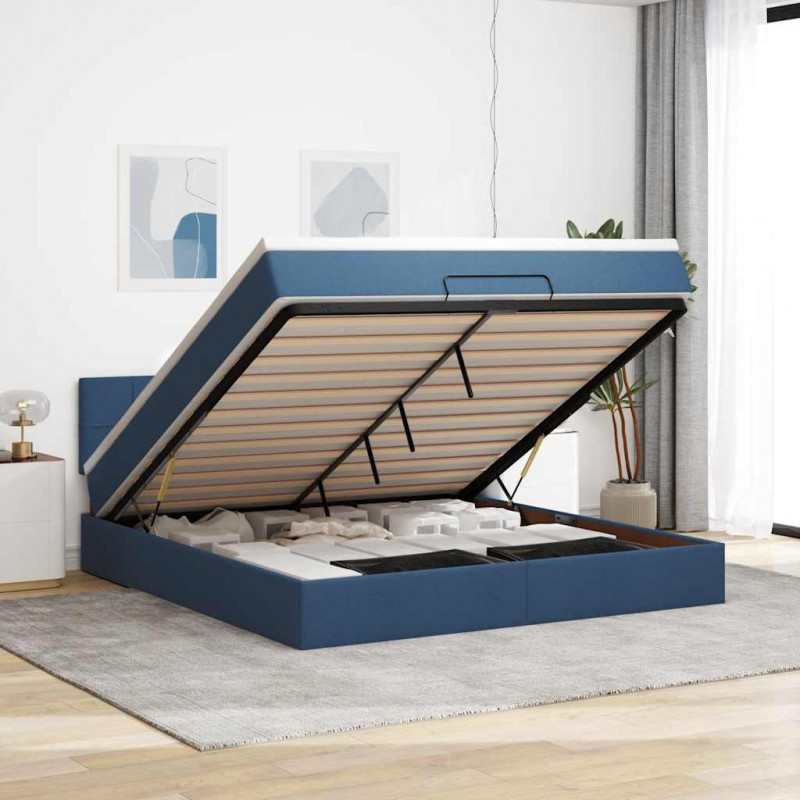 Łóżko Ottoman z materacem i LED, niebieski, 180x200cm, tkanina