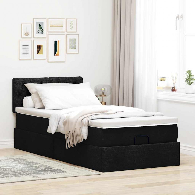 Łóżko Ottoman z materacem i LED, czarny, 80x200cm, tkanina