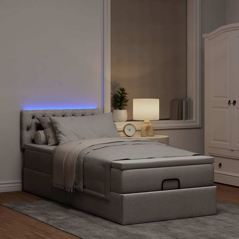 Łóżko otomana z materacem i LED, taupe, 90x200 cm, tkanina