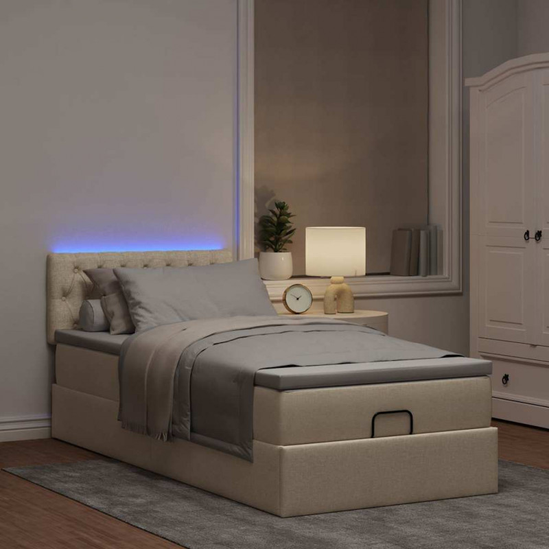 Otomana Łóżko z Materacem i LED, kremowy, 90x200 cm, tkanina