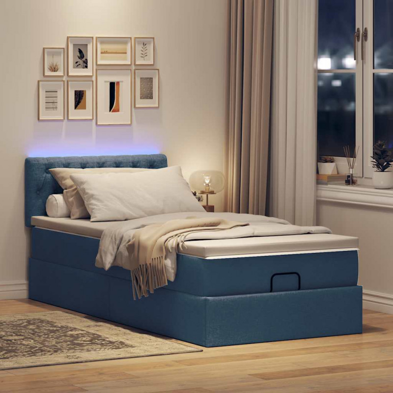Otomana Łóżko z Materacem i LED Niebieski 100x200 cm Tkanina