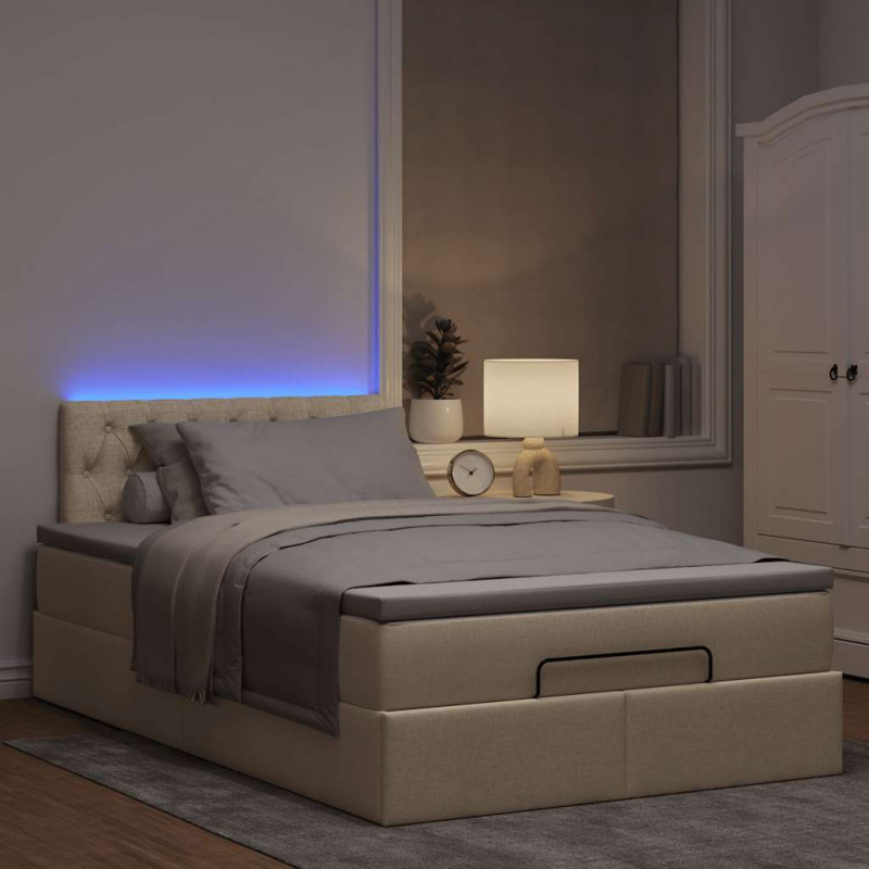 Łóżko otomana z materacem i LED, kremowy, 120x190cm, tkanina