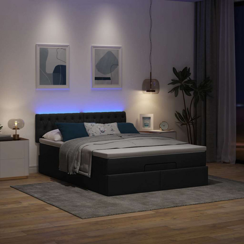 Łóżko Ottoman z materacem i diodami LED Czarny 140x190 cm